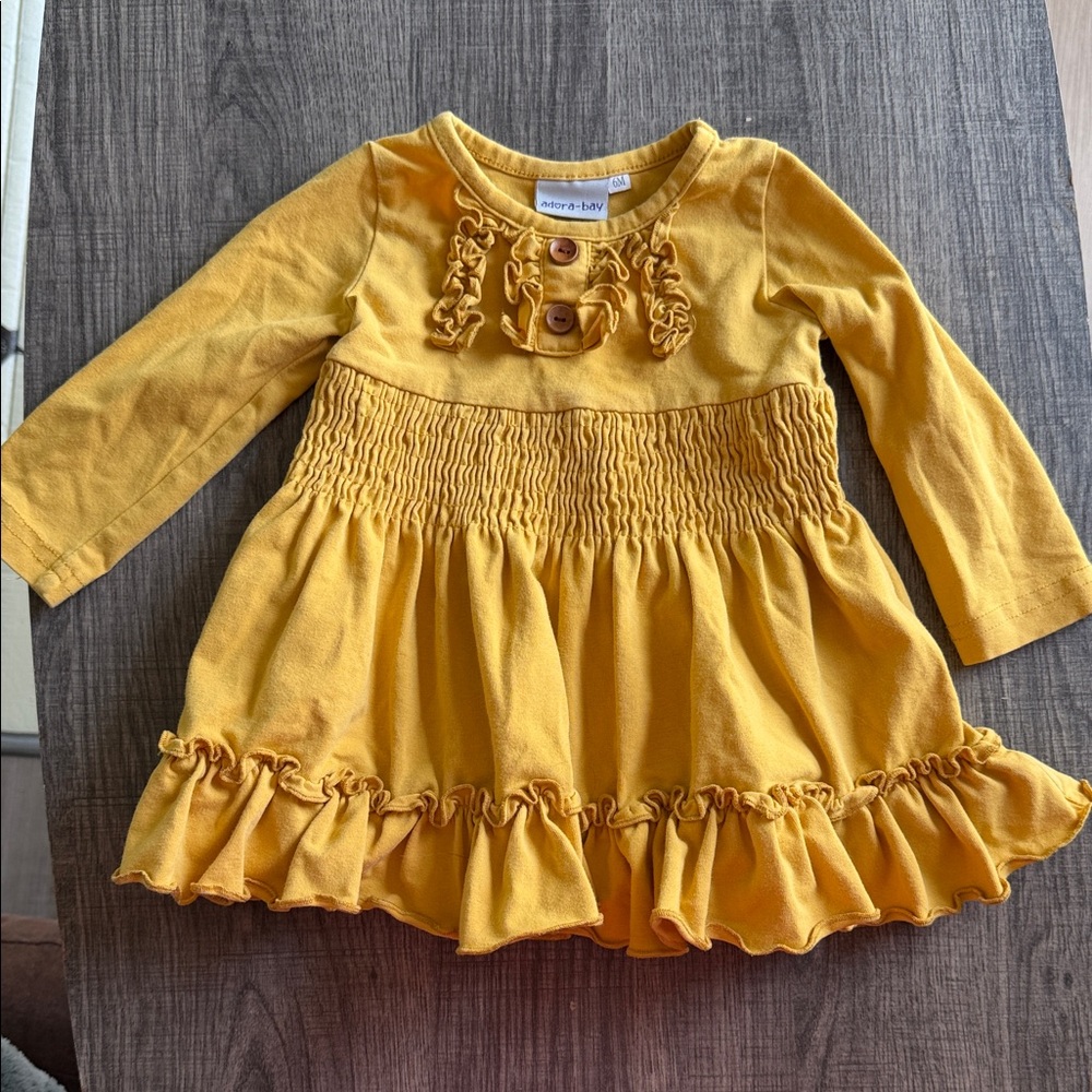 Adorable Mustard Yellow Smocked Girls Dress with Ruffle Hem